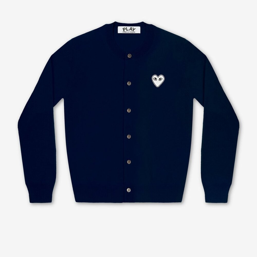 NEW Comme des Garcons PLAY white heart navy wool cardigan unisex size S small